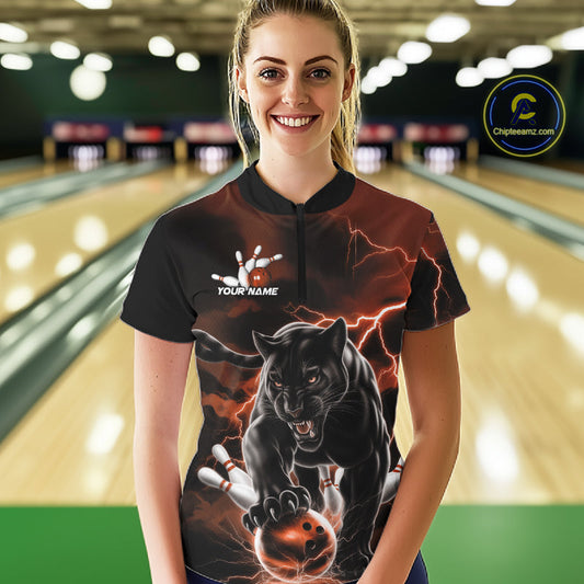 Orange Thunder Lightning Custom Panther Women Bowling Shirts, Panther Bowling Jerseys IPHW10791
