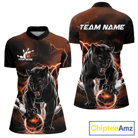 Orange Thunder Lightning Custom Panther Women Bowling Shirts, Panther Bowling Jerseys IPHW10791