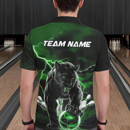 Green Thunder Lightning Custom Panther Men Bowling Polo Shirts, Panther Bowling Jerseys IPHW10793