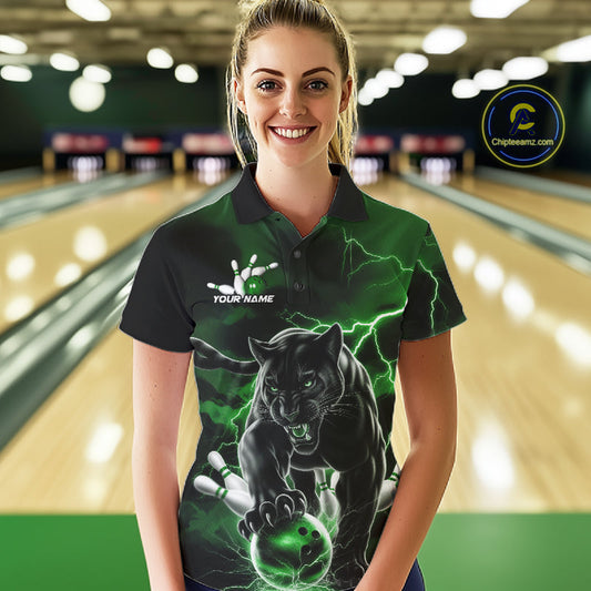 Green Thunder Lightning Custom Panther Women Bowling Polo Shirts, Panther Bowling Jerseys IPHW10793