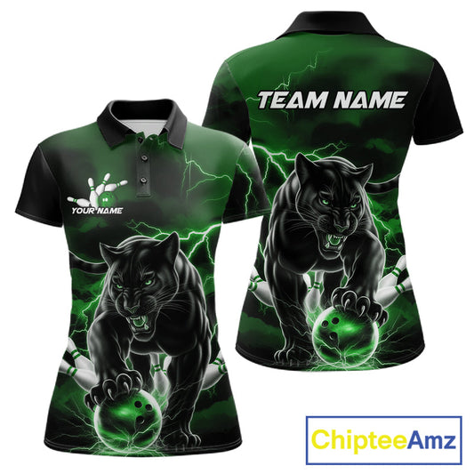 Green Thunder Lightning Custom Panther Women Bowling Polo Shirts, Panther Bowling Jerseys IPHW10793