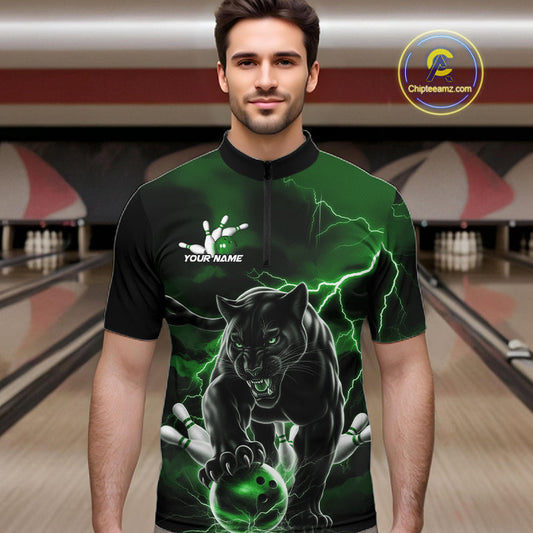 Green Thunder Lightning Custom Panther Men Bowling Quarter-Zip Shirts, Panther Bowling Jerseys IPHW10793