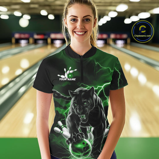 Green Thunder Lightning Custom Panther Women Bowling Shirts, Panther Bowling Jerseys IPHW10793