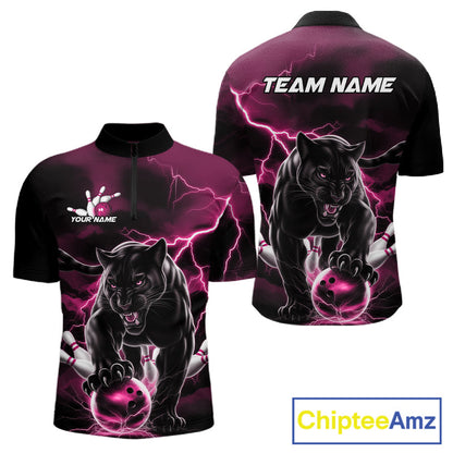 Pink Thunder Lightning Custom Panther Men Bowling Quarter-Zip Shirts, Panther Bowling Jerseys IPHW10794
