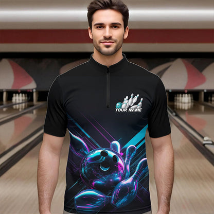 Custom Black, Blue And Purple Holographic Bowling Quarter-Zip Shirts For Men, Bowling Team Uniform IPHW8905