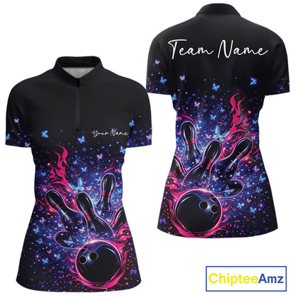 Front and back views of a colorful womens bowling quarter-zip shirt showcasing flaming bowling ball artwork and sparkling butterflies.