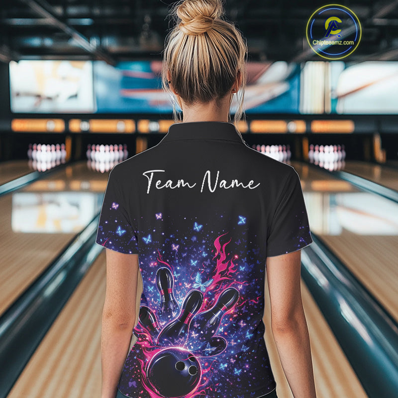 Back view of a female model in a colorful bowling quarter-zip shirt featuring sparkling butterflies and bowling strike artwork.
