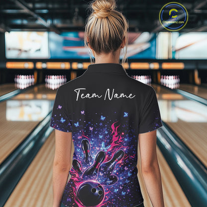 Back view of a female model in a colorful bowling quarter-zip shirt featuring sparkling butterflies and bowling strike artwork.