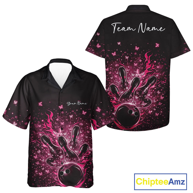 Front and back views of a black and pink button-up bowling shirt featuring flames, bowling pins, and sparkling butterfly accents.