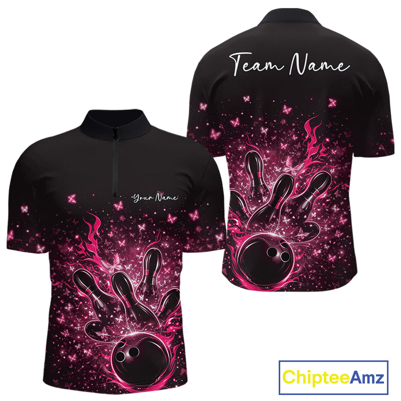 Front and back views of a black and pink mens bowling quarter-zip shirt with flames, striking pins, and sparkling butterflies.