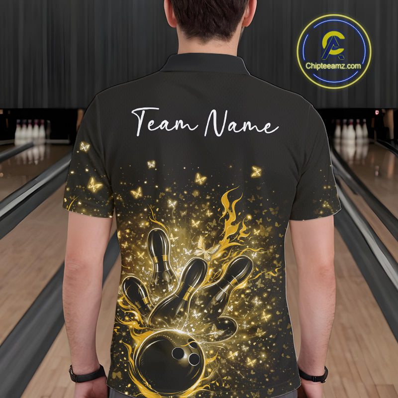 Back view of a male model wearing a black and yellow bowling polo shirt with sparkling butterfly bowling artwork.