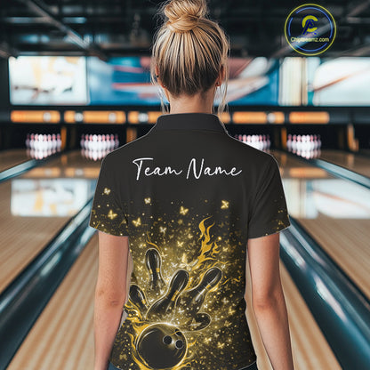 Back view of a female model in a black and yellow bowling quarter-zip shirt showcasing flaming bowling action graphics with sparkling butterflies.