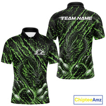 Load image into Gallery viewer, Custom green dragon bowling shirt with vibrant lightning accents a fierce dragon and pins
