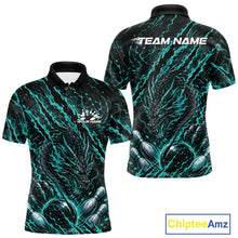 Load image into Gallery viewer, Custom teal blue dragon bowling shirt with vibrant lightning accents a fierce dragon and pins