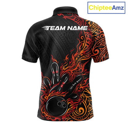 Custom Black And Red Orange Tribal Flame Bowling Ball Bowling Team Shirts, Polynesian Bowling Tournament Shirt IPHW10501