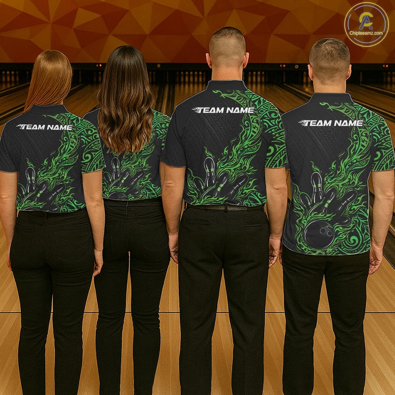 Custom Black And Green Tribal Flame Bowling Ball Bowling Team Shirts, Polynesian Bowling Tournament Shirt IPHW10504