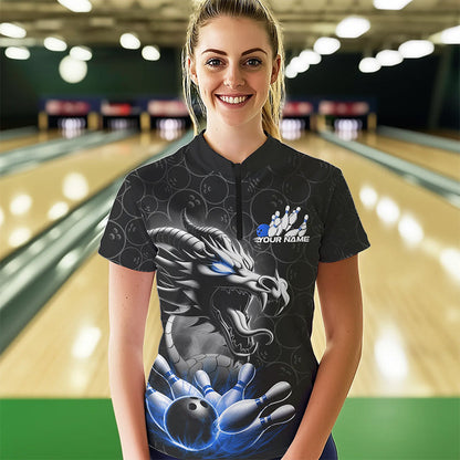 Custom Black And Blue Dragon Bowling Women Quarter-Zip Shirts, Dragon Bowler Outfit IPHW8918