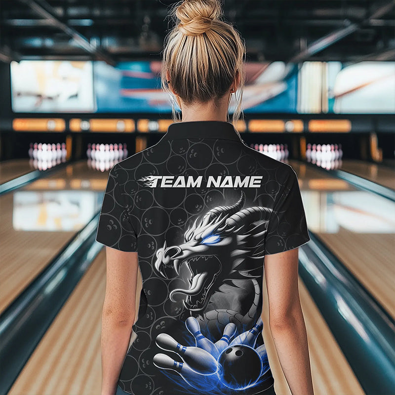 Custom Black And Blue Dragon Bowling Women Quarter-Zip Shirts, Dragon Bowler Outfit IPHW8918