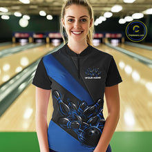 Load image into Gallery viewer, Custom Black And Blue Flame Women Bowling Team Shirt, Bowling League Shirt Bowler Jersey IPHW11291