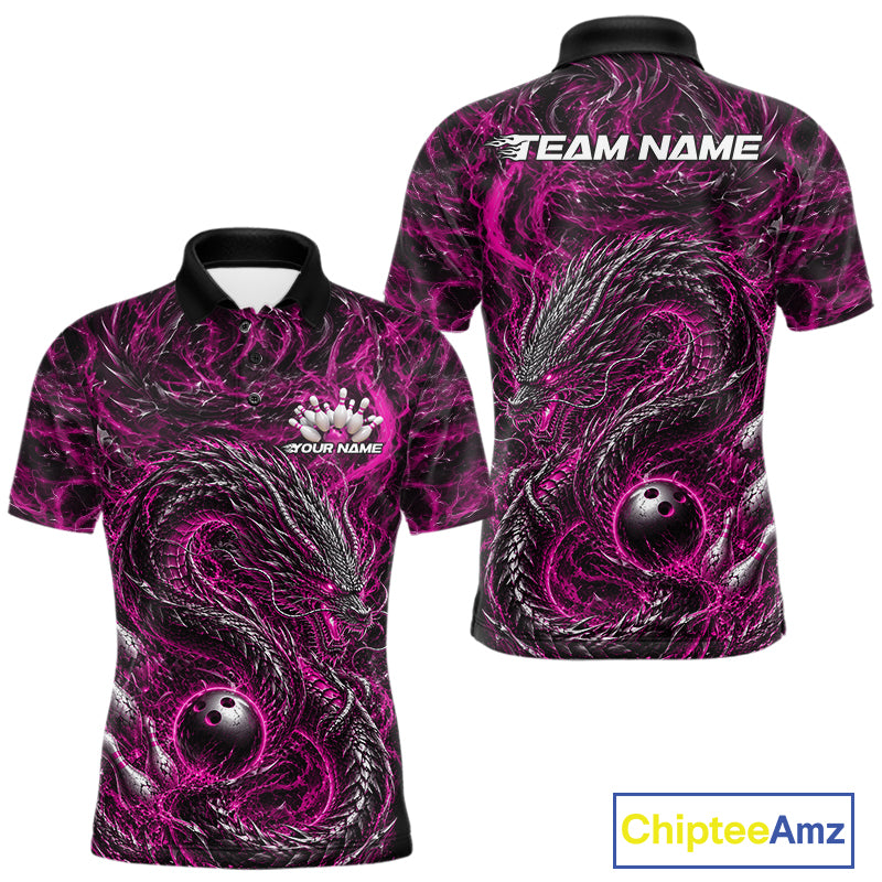 Custom sublimated bowling polo shirt with an pink oriental dragon design wrapping around a bowling ball