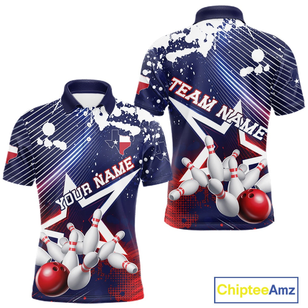 Front and back views of a customizable short-sleeve bowling t-shirt with a navy blue, white, and red patriotic theme, featuring bowling pins, balls, and 'YOUR NAME' text placeholders, shown on a white background with a ChipteeAmz logo in the corner.