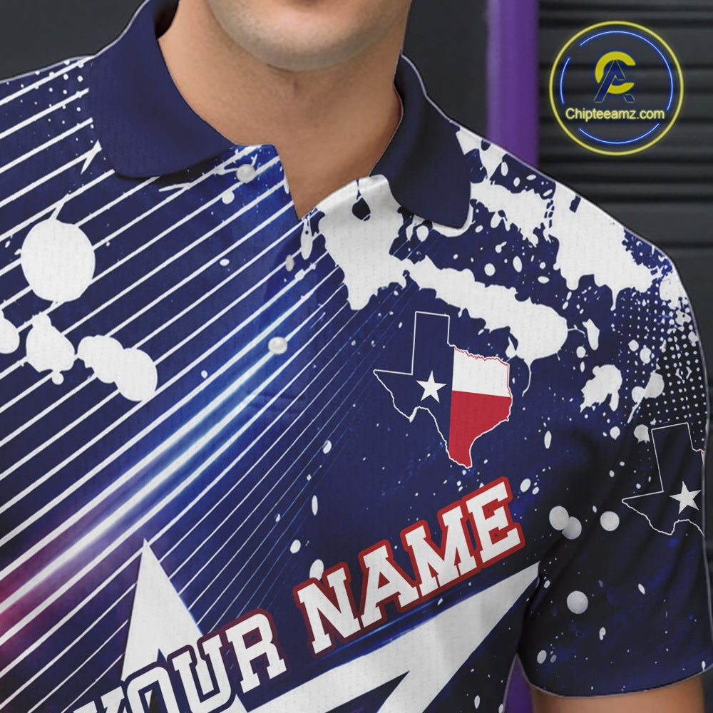A close-up of a person wearing a navy and white custom printed polo shirt with a Texas flag motif, a Texas state silhouette, and the text 'YOUR NAME' on the front. A circular 'Chipteamz.