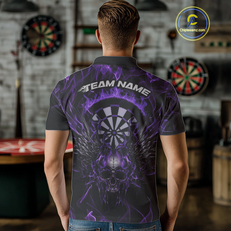 Custom Purple Flame Skull With Wings Dart Polo Shirt For Men, Halloween Dart Outfit IPHW10043