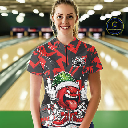 Custom Funny Christmas Bowling Women Quarter-Zip Shirts, Crazy Bowling Ball Xmas Outfit IPHW10130