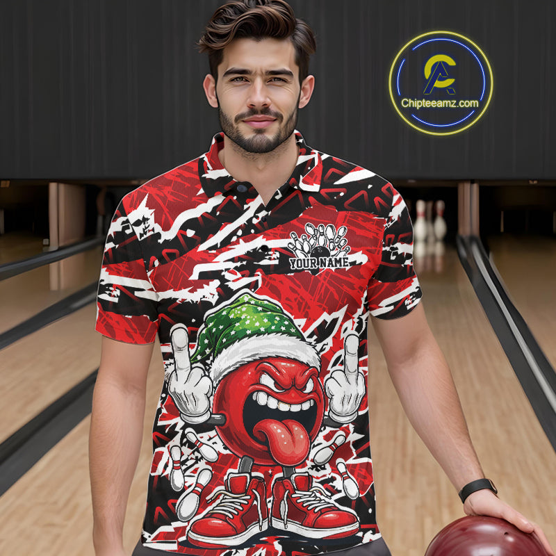 Custom Funny Christmas Bowling Men Polo Shirts, Crazy Bowling Ball Xmas Outfit IPHW10131