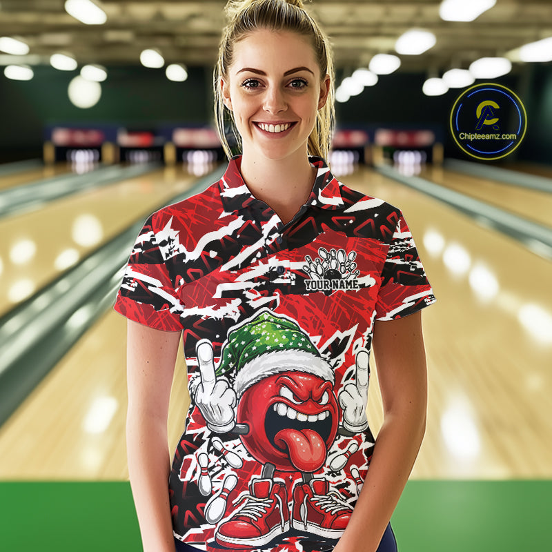 Custom Funny Christmas Bowling Women Polo Shirts, Crazy Bowling Ball Xmas Outfit IPHW10131