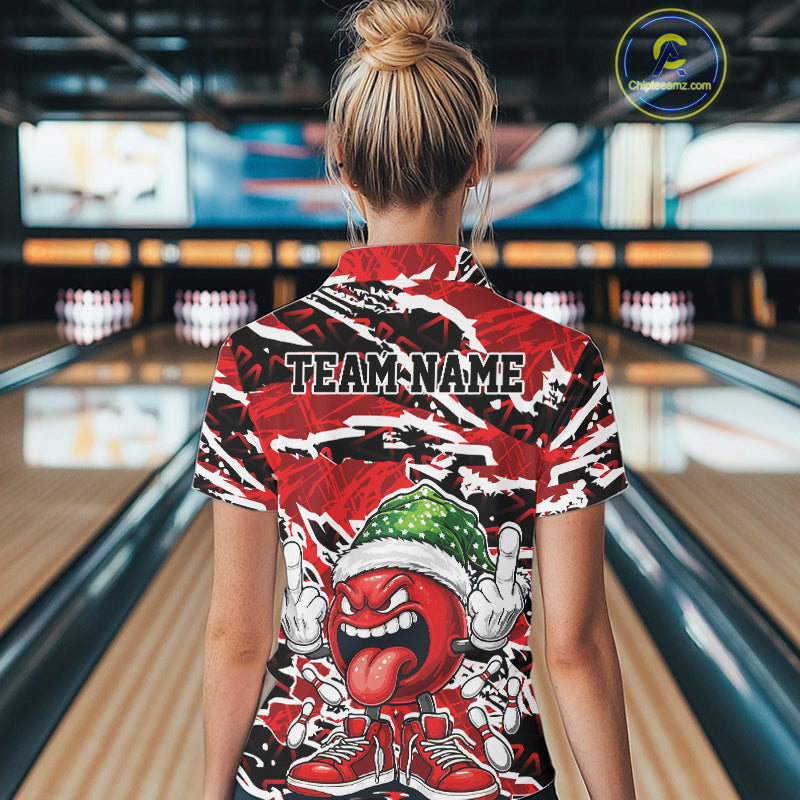 Custom Funny Christmas Bowling Women Polo Shirts, Crazy Bowling Ball Xmas Outfit IPHW10131
