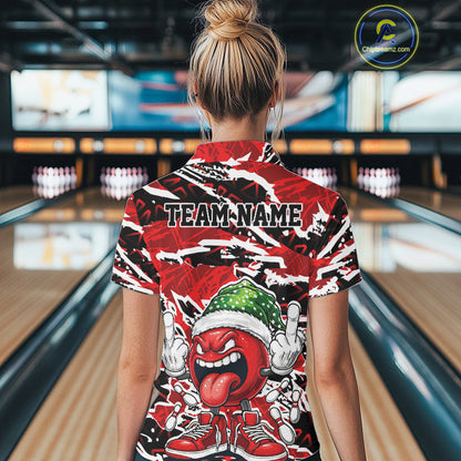 Custom Funny Christmas Bowling Women Polo Shirts, Crazy Bowling Ball Xmas Outfit IPHW10131