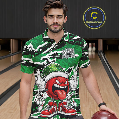 Custom Funny Christmas Bowling Men Polo Shirts, Crazy Bowling Ball Xmas Outfit IPHW10132