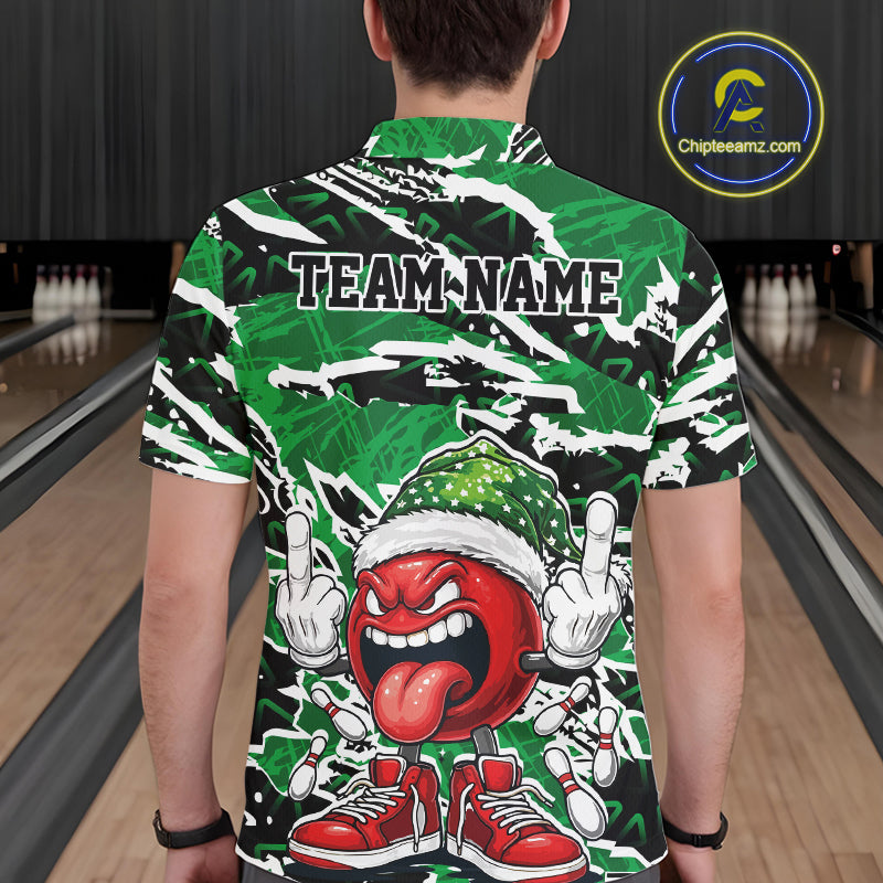 Custom Funny Christmas Bowling Men Polo Shirts, Crazy Bowling Ball Xmas Outfit IPHW10132