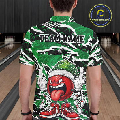 Custom Funny Christmas Bowling Men Polo Shirts, Crazy Bowling Ball Xmas Outfit IPHW10132