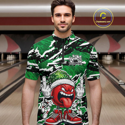 Custom Funny Christmas Bowling Men Quarter-Zip Shirts, Crazy Bowling Ball Xmas Outfit IPHW10132