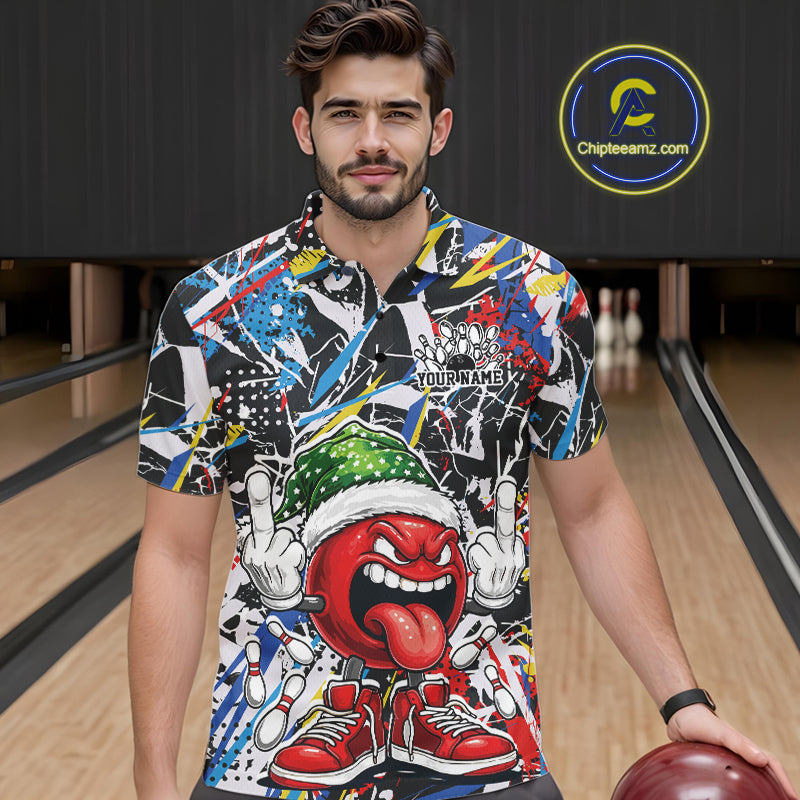 Custom Funny Colorful Christmas Bowling Men Polo Shirts, Crazy Bowling Ball Xmas Outfit IPHW10133