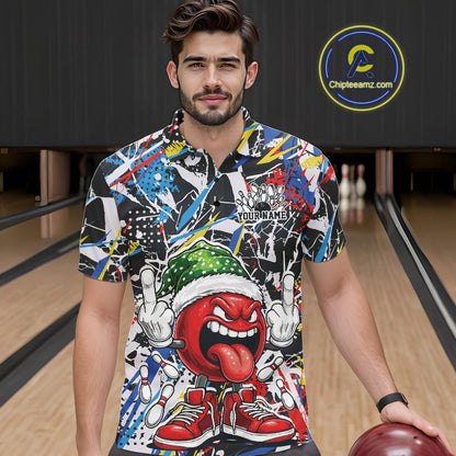 Custom Funny Colorful Christmas Bowling Men Polo Shirts, Crazy Bowling Ball Xmas Outfit IPHW10133