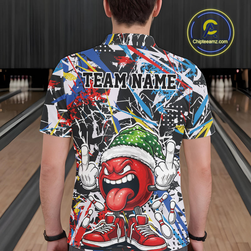 Custom Funny Colorful Christmas Bowling Men Polo Shirts, Crazy Bowling Ball Xmas Outfit IPHW10133