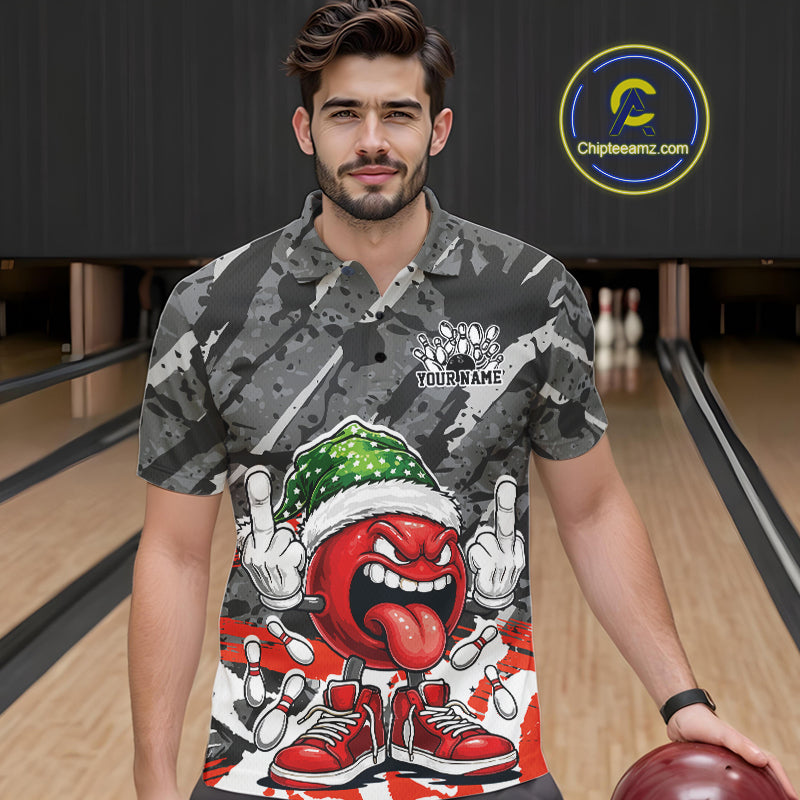 Custom Funny Christmas Bowling Men Polo Shirts, Crazy Bowling Ball Xmas Outfit IPHW10134