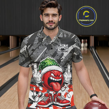 Custom Funny Christmas Bowling Men Polo Shirts, Crazy Bowling Ball Xmas Outfit IPHW10134