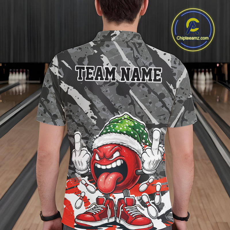 Custom Funny Christmas Bowling Men Polo Shirts, Crazy Bowling Ball Xmas Outfit IPHW10134