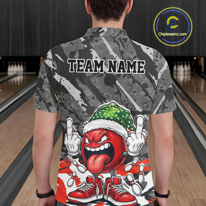 Custom Funny Christmas Bowling Men Polo Shirts, Crazy Bowling Ball Xmas Outfit IPHW10134