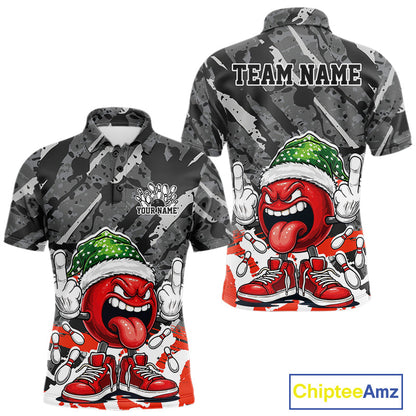 Custom Funny Christmas Bowling Men Polo Shirts, Crazy Bowling Ball Xmas Outfit IPHW10134