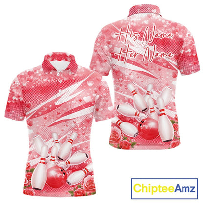 Custom Red Heart Valentine Bowling Couples Shirt, Heart And Roses Bowling Husband And Wife Gifts With Name IPHW10517