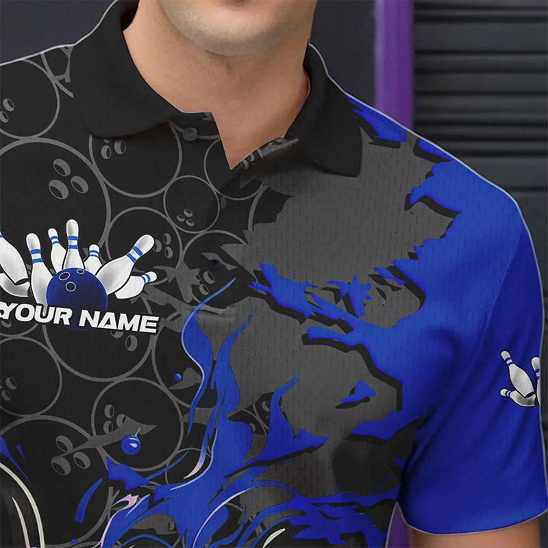 Custom Black And Blue Flame Bowling Polo Shirts For Men, Bowling Tournament Team Uniform IPHW8617