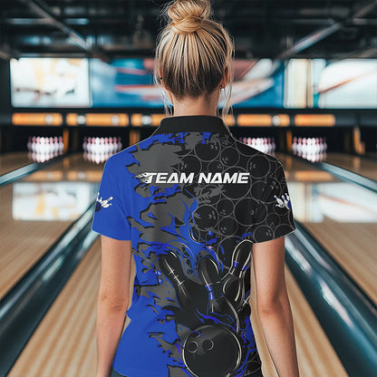 Custom Black And Blue Flame Bowling Polo Shirts For Women, Bowling Tournament Team Uniform IPHW8617