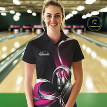 Load image into Gallery viewer, Custom Black And Pink Heart Bowling Women Polo Shirt, Hexagon Bowling Team Jerseys IPHW11309