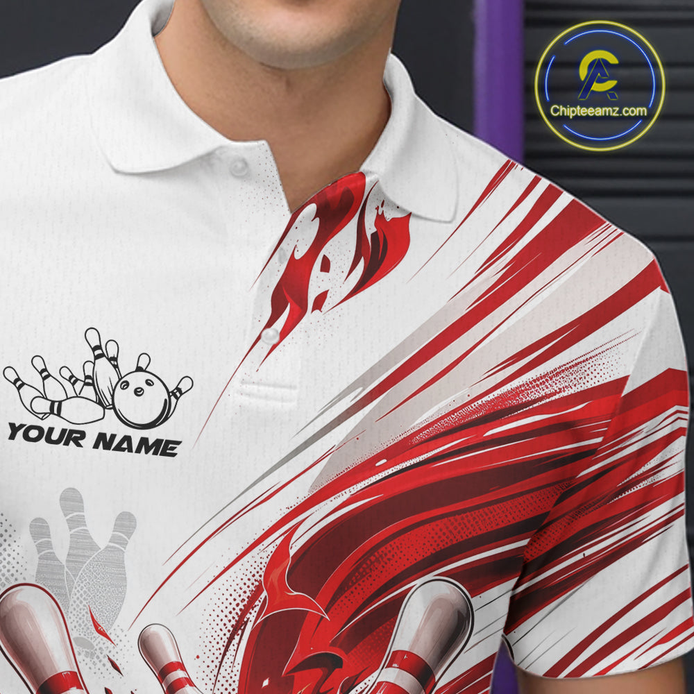 A close-up of a white short-sleeve polo shirt with bowling-themed graphics, including bowling pins, a bowling ball, a hand, and red abstract motion lines. The shirt has a customizable name printed on the left chest and a circular 'Chipteamz.