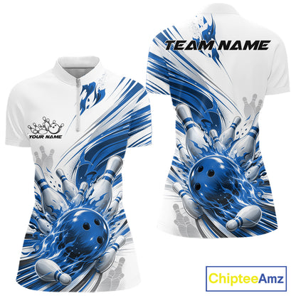 A front and back view of a women's short-sleeve polo shirt with a blue and white bowling-themed graphic print. The front features a white upper section with a half-zip collar, a black 'YOUR NAME' placeholder on the left chest, and a large blue bowling pin and ball graphic on the lower front.
